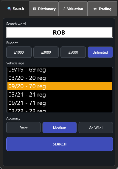 RegFinder search screen for ROB