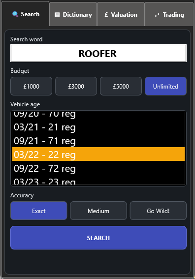 RegFinder search screen for ROOFER