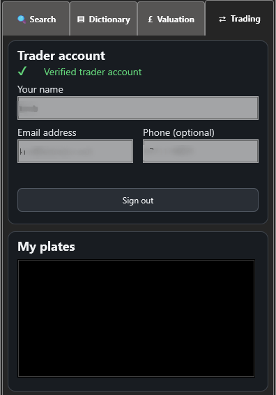 RegFinder trader account and registration listing screen