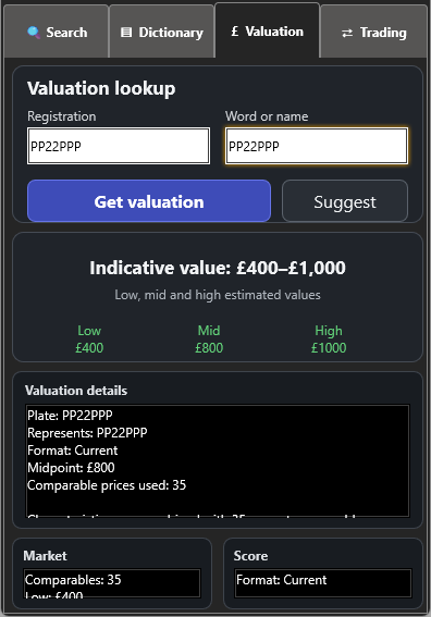 RegFinder registration valuation screen